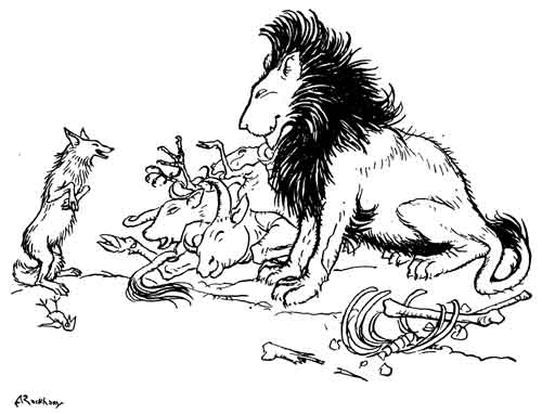 The Lion, the Fox, and the Ass — Pen drawing of the Lion sitting heavily beside the great heap of booty, a stag among the carcasses, while the Fox stands upright and speaks to him, with bones scattered on the ground.