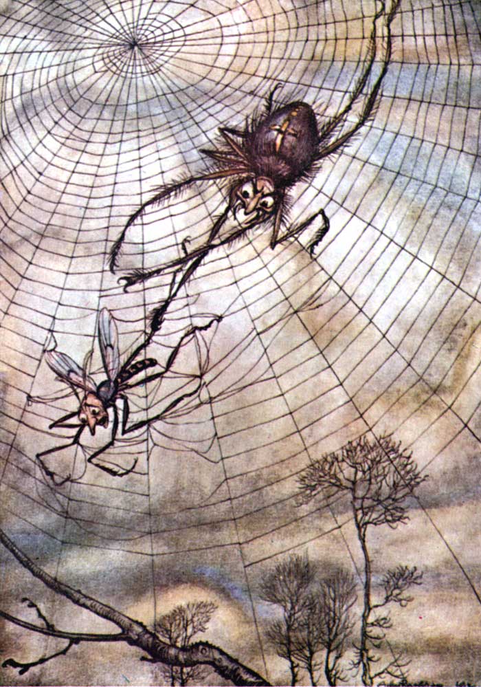 The Gnat and the Lion — Colour plate of the Gnat caught in a great spider's web, the Spider climbing down towards it, with bare treetops and a grey sky below.
