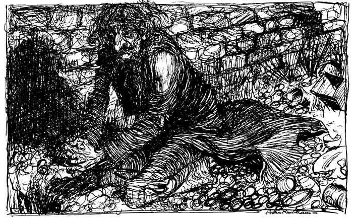 The Miser — Dense pen drawing of the Miser, bearded and dishevelled, crouched on the stony ground at the foot of a wall with his hands in the empty hole where his gold had been.
