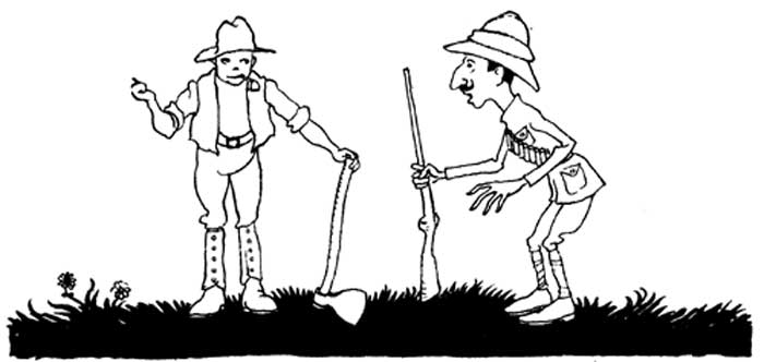 The Hunter and the Woodman — Pen drawing in modern dress: the Woodman, leaning on his axe, points over his shoulder, while the Hunter, in pith helmet and cartridge belt, draws back with his rifle in alarm.