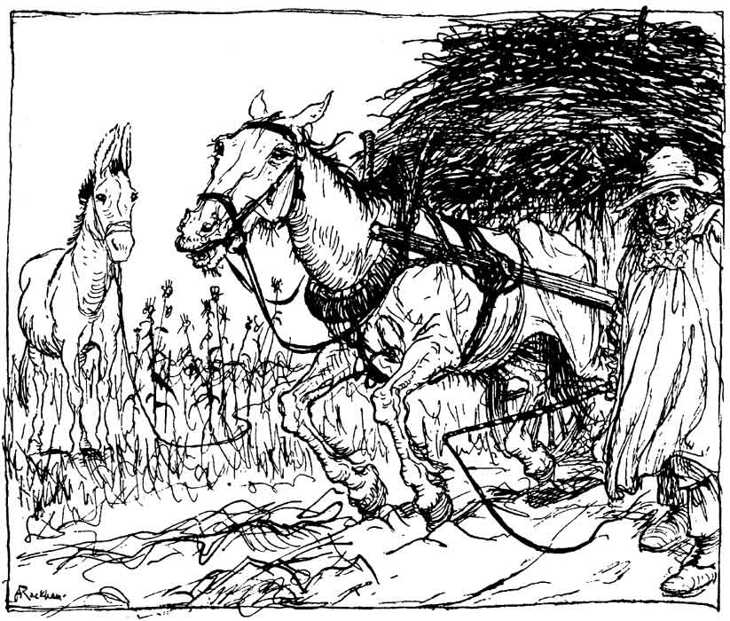 The Horse and the Ass — Pen drawing of the Horse, harnessed to a heavily laden cart and straining along the road with his driver beside him, while the Ass watches from the tall weeds.