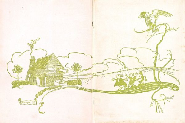 The endpapers, drawn in pale green line across two pages: a cottage among clouds and trees, a little procession of dancing figures on a winding path, and a bird perched high on a bare branch.