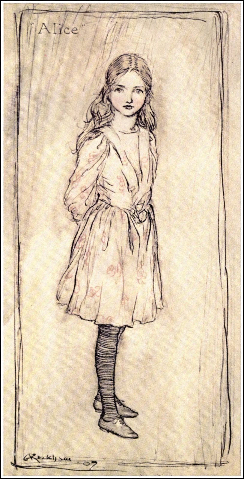 Alice — Alice stands on her own in a plain frame, hands behind her back, in a patterned pinafore dress, striped stockings and buttoned shoes, looking straight out at the reader.