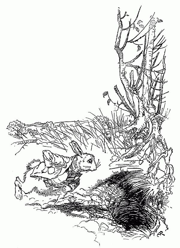 The White Rabbit, in a coat and waistcoat, dashes along a bank towards the dark mouth of the rabbit-hole under a twisted hedge.
