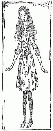 Curiouser and Curiouser — Alice, stretched to an enormous height, stands with her arms held away from her sides, her neck and legs drawn impossibly long.