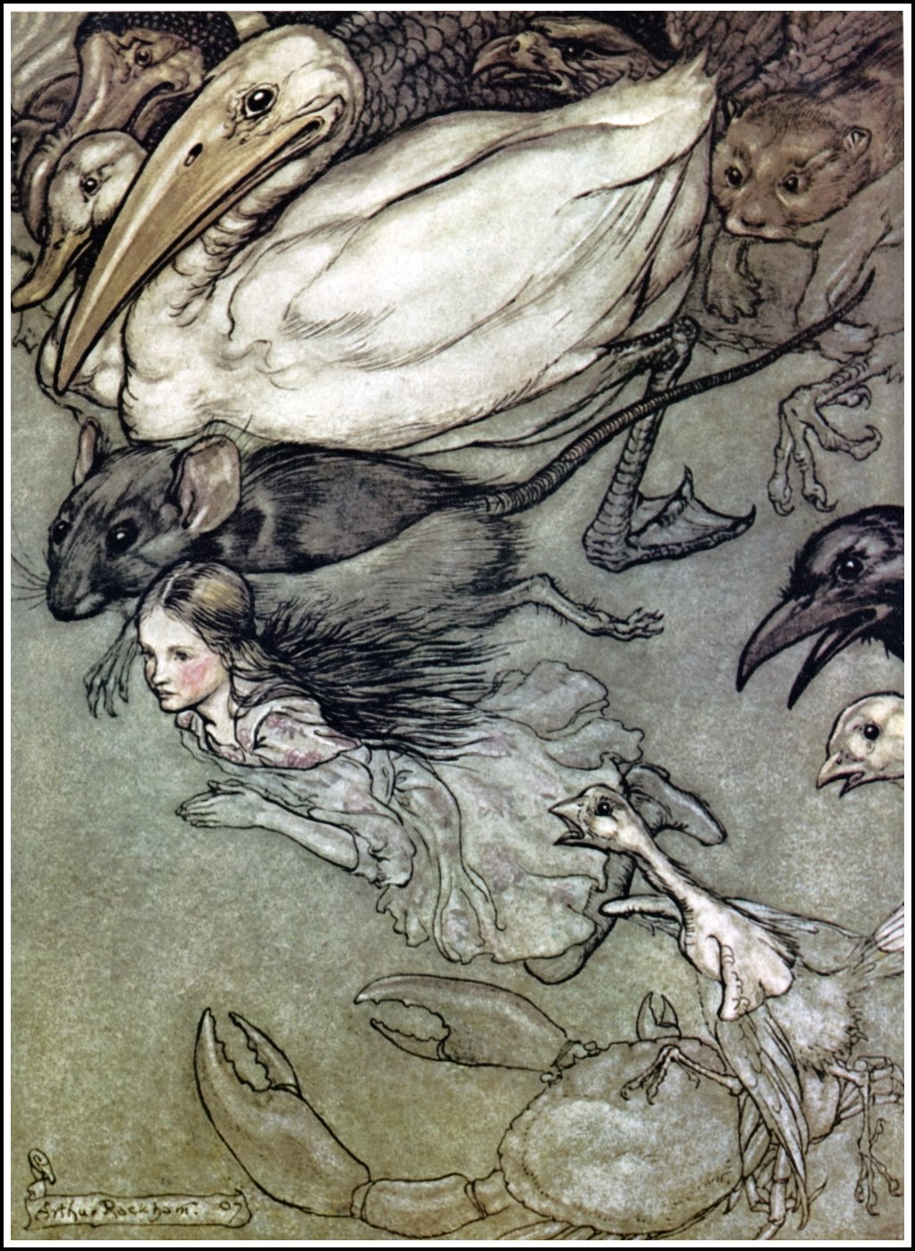 The Pool of Tears — Alice swims through the dark water beside the Mouse, with a crowd of birds and beasts paddling around them — a duck, a stork, a crab, a crow and other odd creatures.