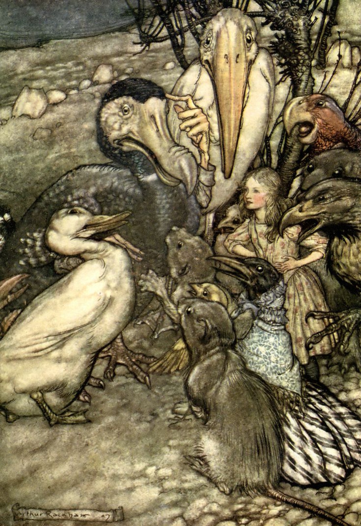 They all crowded round it panting and asking, "But who has won?" — The Dodo stands in the middle of a crowd of wet birds and beasts on the shore, with Alice sitting among them and the Mouse in the foreground.