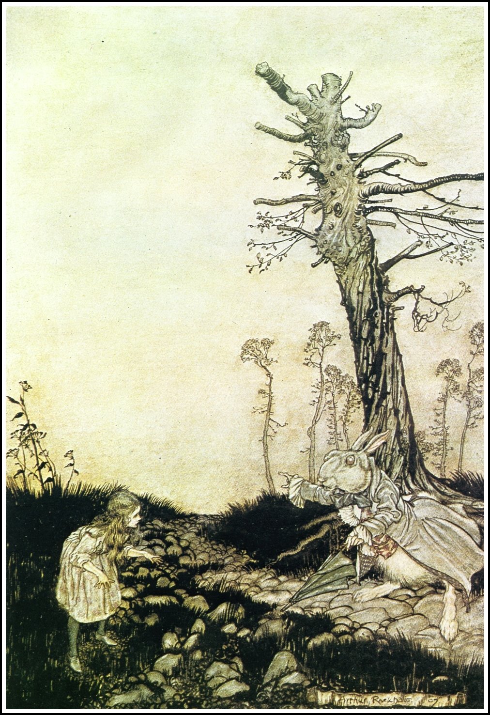 "Why, Mary Ann, what are you doing out here?" — The White Rabbit, with an umbrella in his hand, crouches under a tall withered tree and calls out angrily to Alice, who stops short at the left.