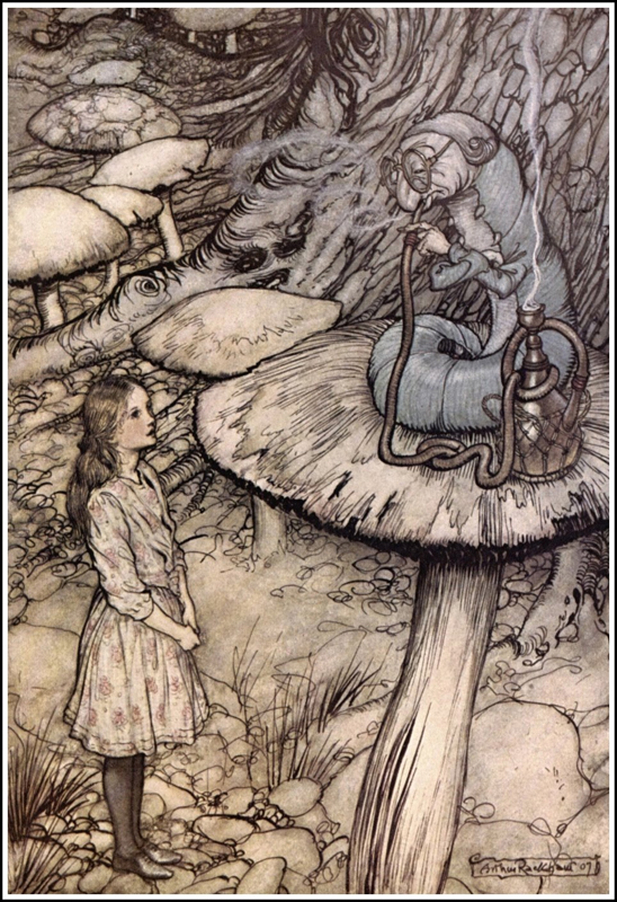 Advice from a Caterpillar — The Caterpillar, a long blue creature with a man's face, sits on top of a huge mushroom smoking a hookah, while Alice stands below looking up at him, her hands behind her back.