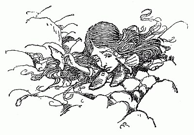 Alice, shrunk so suddenly that her chin has struck her foot, crouches with her hair streaming out around her.