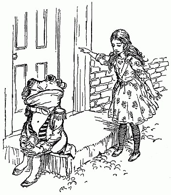 The Frog-Footman, in livery and a curled wig, sits on the step outside the Duchess's door, while Alice stands by the brick wall and points towards the door.