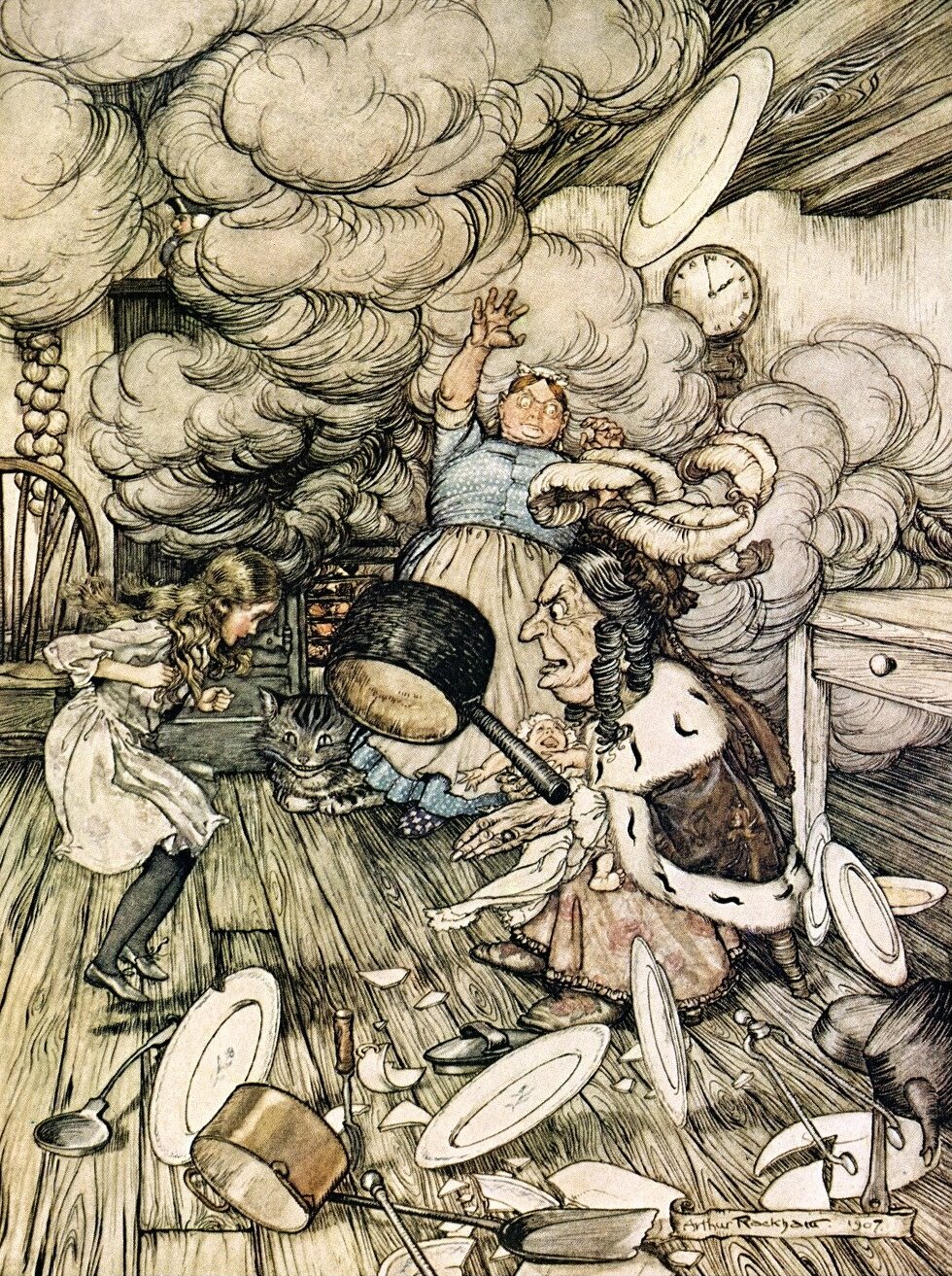 An unusually large saucepan flew close by it, and very nearly carried it off — In the Duchess's smoke-filled kitchen, plates, a clock and pans fly through the air; the Duchess sits nursing the baby, the cook throws things, the Cheshire Cat grins on the hearth and Alice bends forward at the left.