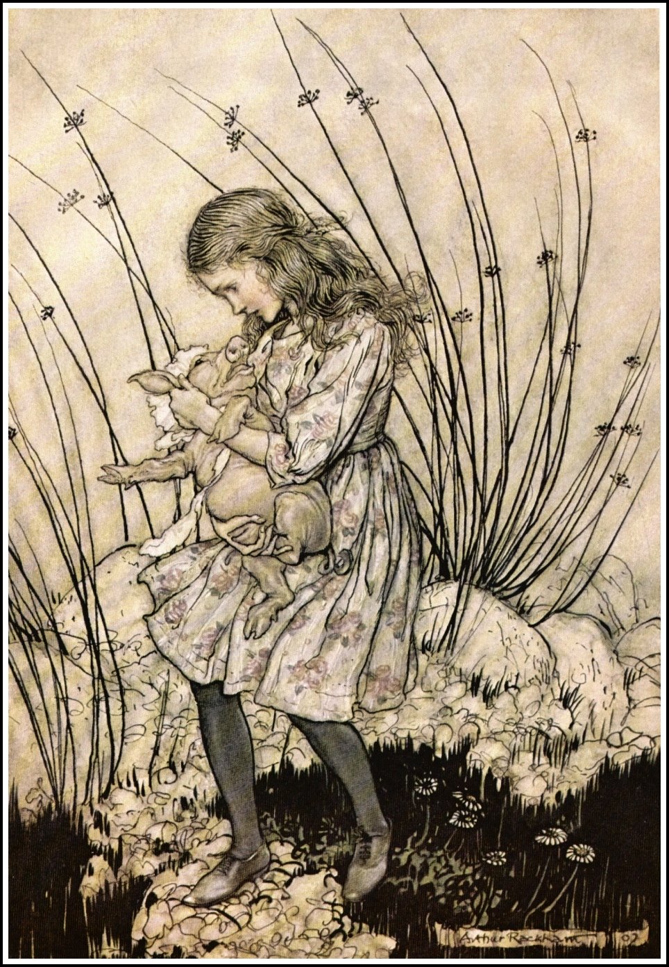 It grunted again so violently that she looked down into its face in some alarm — Alice stands among tall grasses holding the baby, which has a pig's snout and ears, and looks down at it with worry.