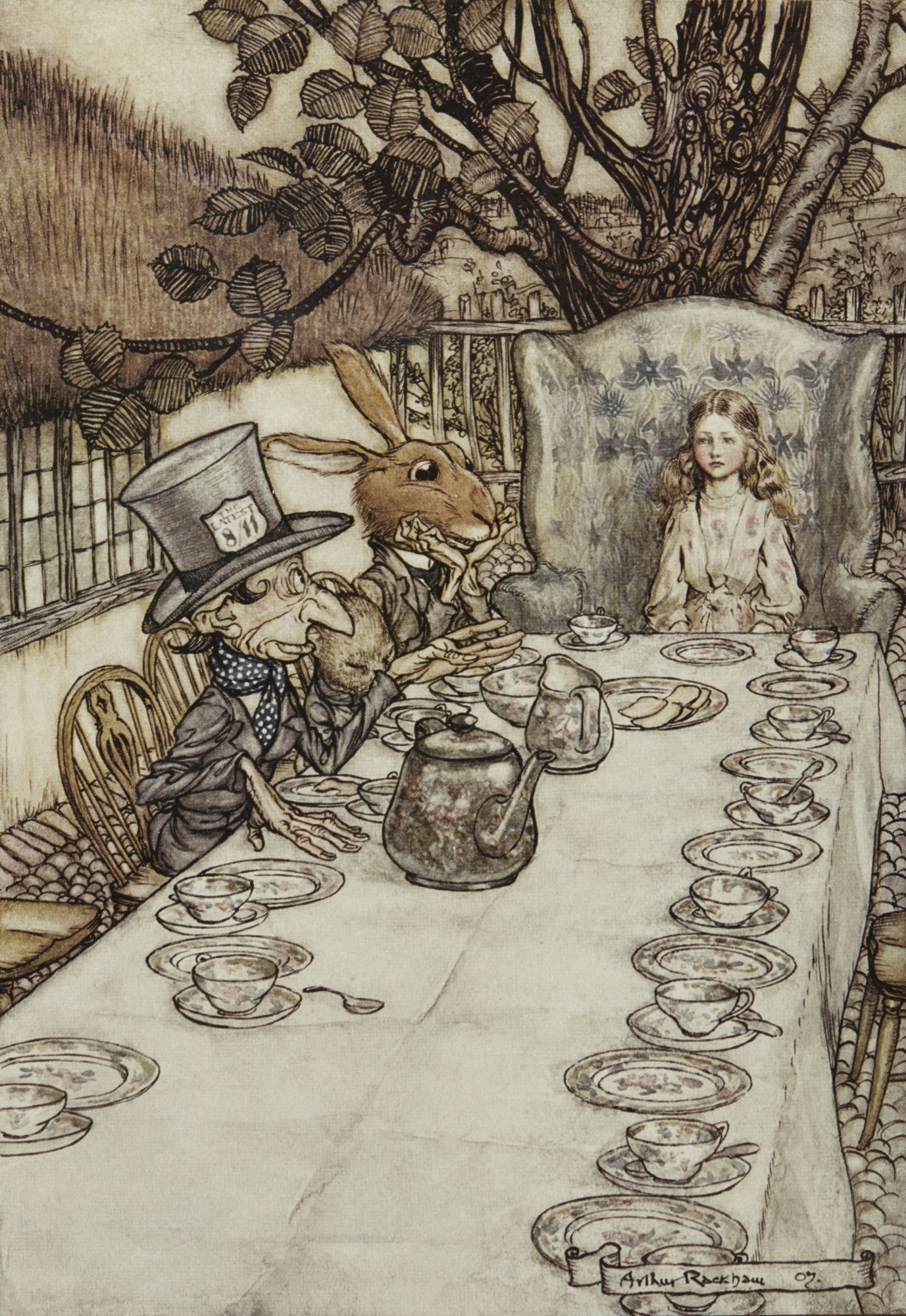 A Mad Tea-Party — Alice sits in a large armchair at the far end of the long tea-table, while the Hatter in his tall hat and the March Hare sit close together at the other end among the teacups and the teapot.