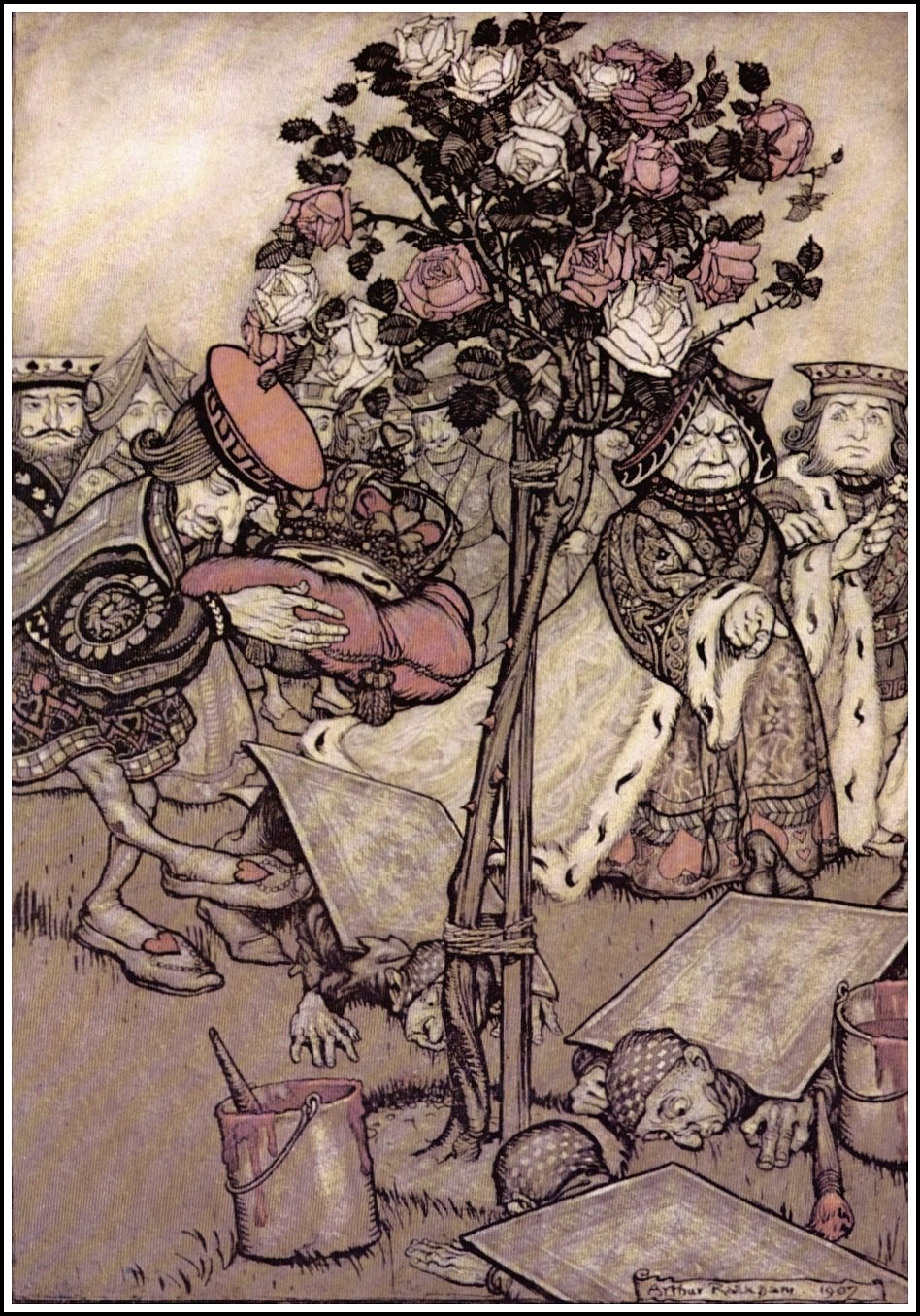 The Queen turned angrily away from him and said to the Knave, "Turn them over" — Beside the rose-tree, the Knave bows low, carrying the King's crown on a crimson cushion, while the gardeners lie face down beneath their painted-card backs and the Queen and King look on; paint-pots stand on the grass.