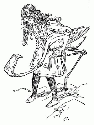 Alice holds a flamingo tucked under her arm as her croquet-mallet, its long neck and head hanging down towards the ground.