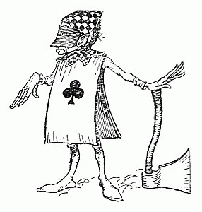 The executioner, a thin playing card with a club on his front and a hood over his eyes, stands leaning on his axe.
