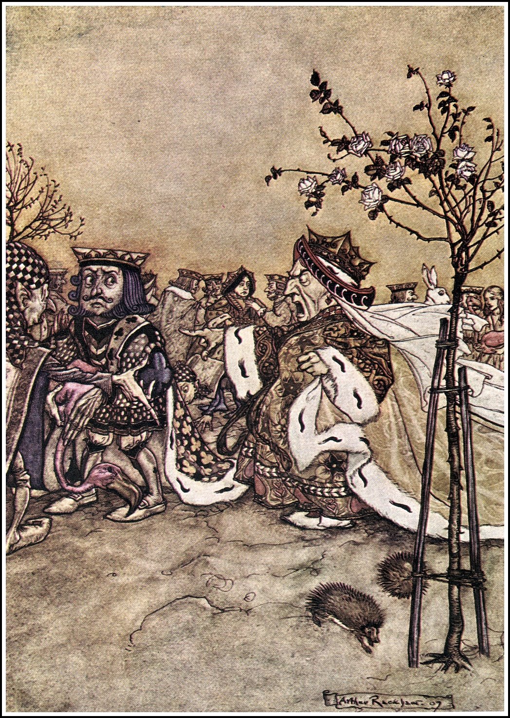 The Queen never left off quarrelling with the other players, and shouting "Off with his head!" or, "Off with her head!" — On the croquet-ground the Queen of Hearts stands in her robes beside a young rose-tree, with the King and other cards gathered to one side; the White Rabbit and Alice are small in the distance, and a hedgehog crawls across the ground.