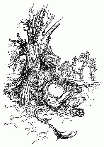 The Gryphon lies asleep in the sun at the foot of a gnarled tree, its wings folded and its long tail curled across the ground.