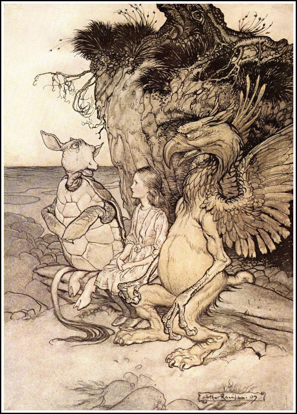 The Mock Turtle drew a long breath and said, "That's very curious" — Alice sits on a rock by the sea between the Mock Turtle, who has a calf's head on a turtle's body, and the Gryphon, whose golden wings are spread behind her.