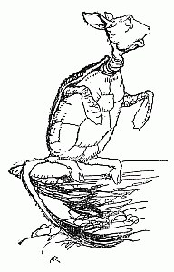 The Mock Turtle stands up on its hind legs on the edge of a rock, head thrown back and flippers raised, as if in the middle of a song.