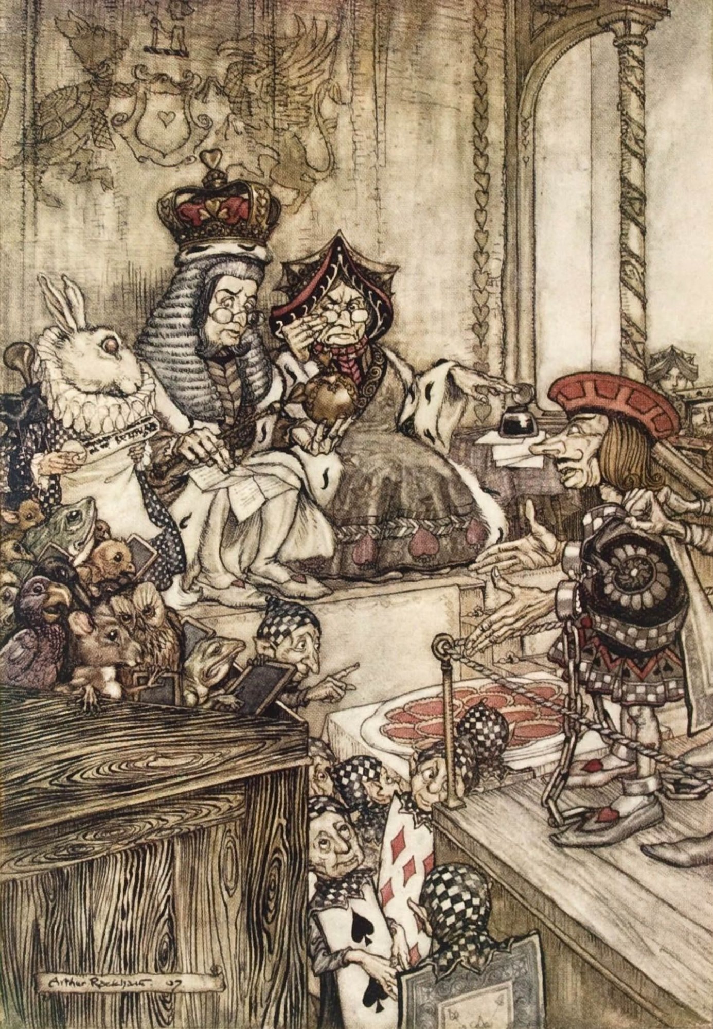 Who stole the Tarts? — In the court, the King sits in his wig with his crown on top beside the Queen of Hearts, the White Rabbit holds a scroll, the jurors crowd into the box, and a courtier in a red cap leans in from the right.