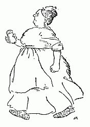 The Duchess's cook strides along with her fist clenched, carrying her pepper-box.