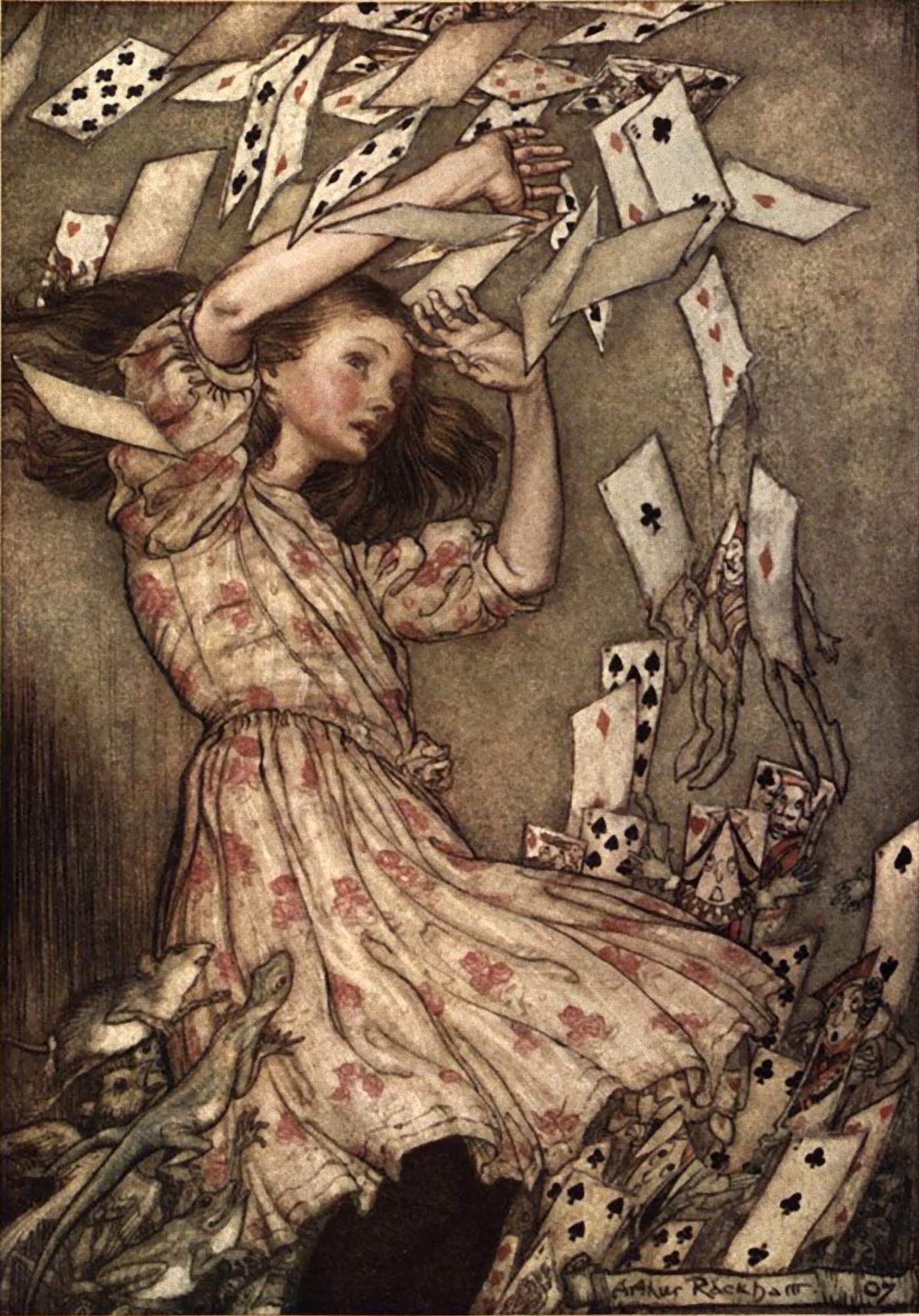 At this the whole pack rose up into the air, and came flying down upon her — Alice throws up her arms against a storm of playing cards flying down upon her, her hair blowing back, while the creatures of the court scatter at her feet.