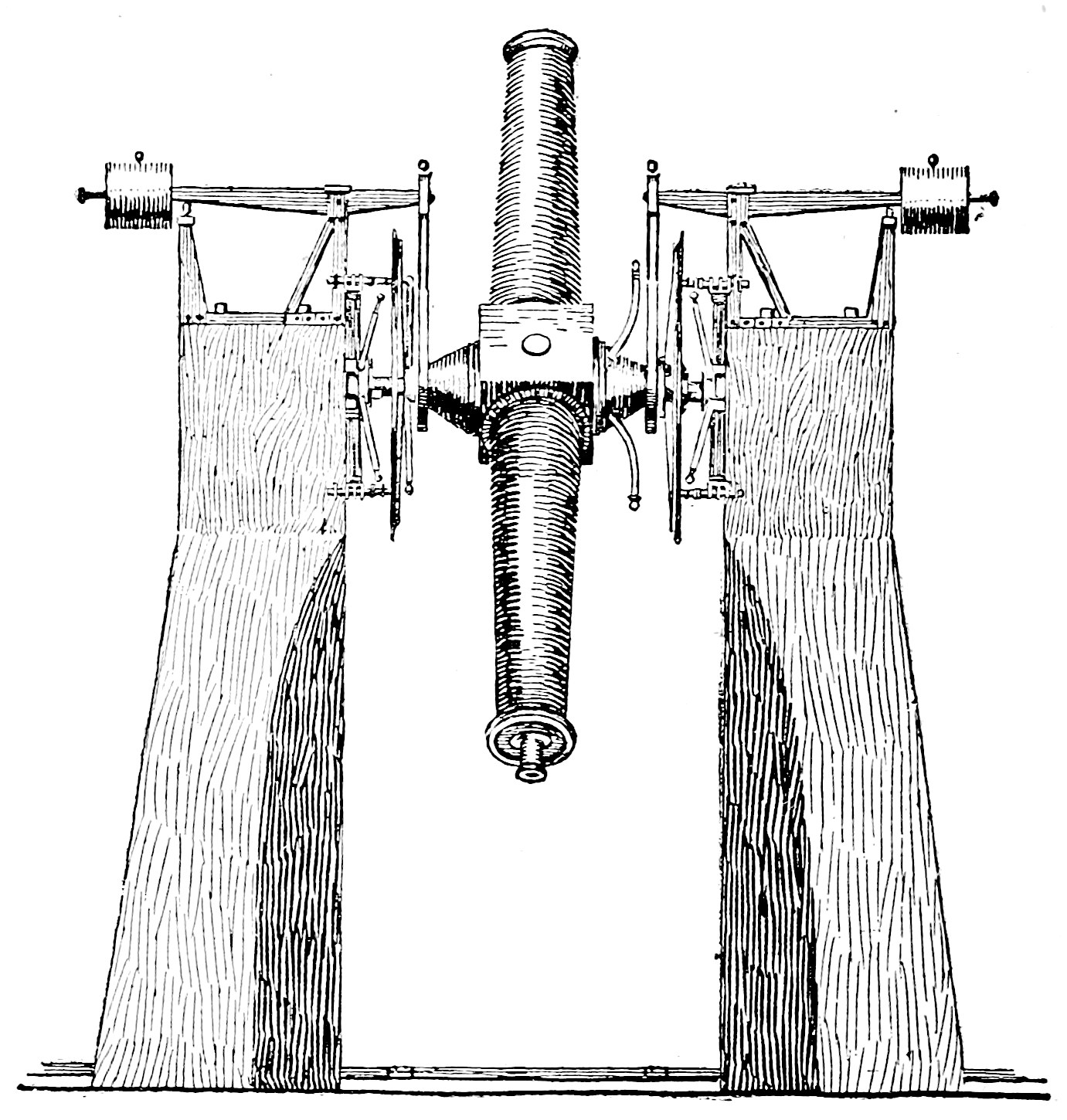 Fig. 16.—A Meridian Instrument. — A telescope hung on a horizontal axis between two tall stone piers, so that it swings only up and down along the meridian, with a graduated circle beside each pier and counterweights above.