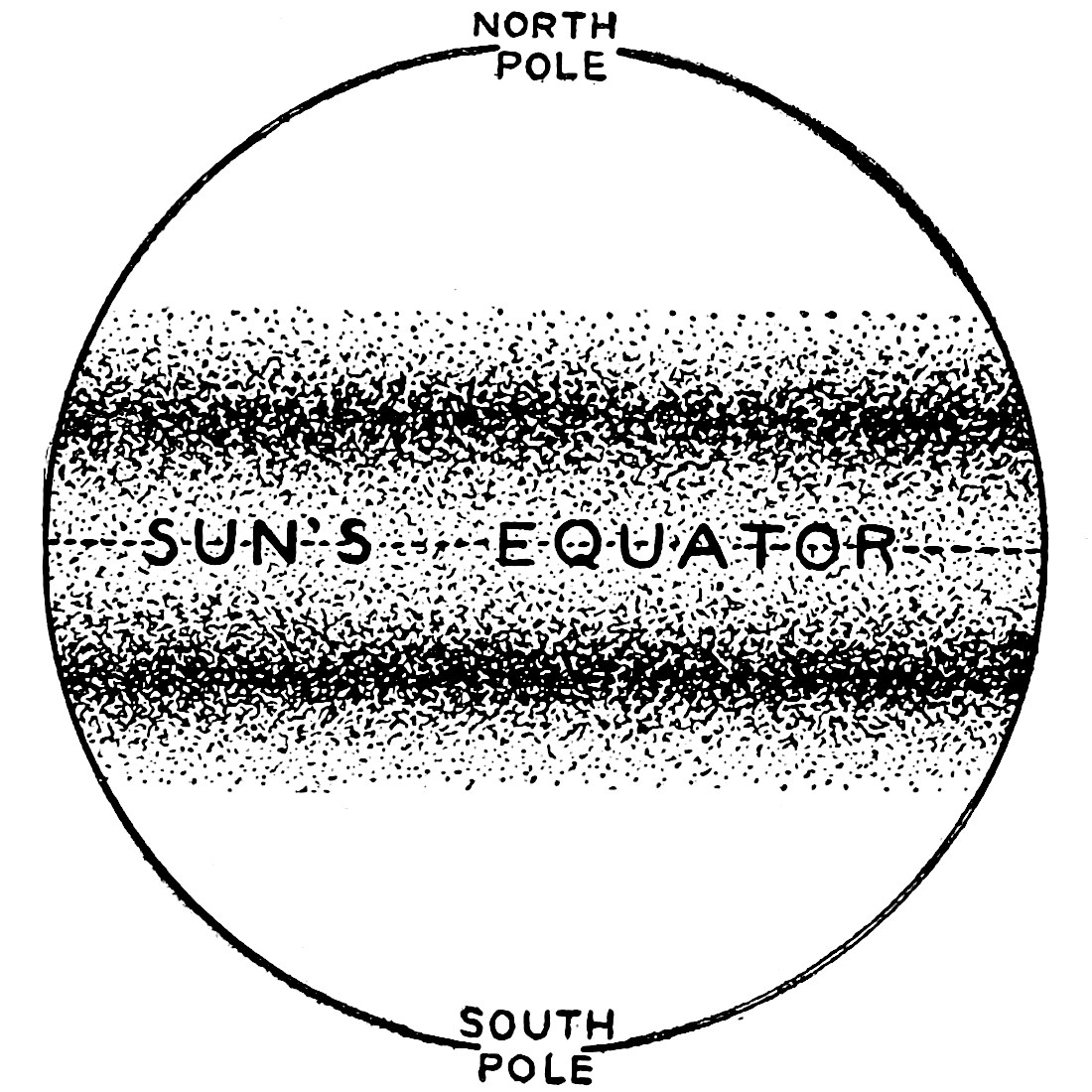 Fig. 18.—Frequency of Sun-spots in Different Latitudes on the Sun. — The sun drawn as a circle from north pole to south pole, with spots dotted in a band on either side of its equator, thickest in two belts and absent toward the poles.