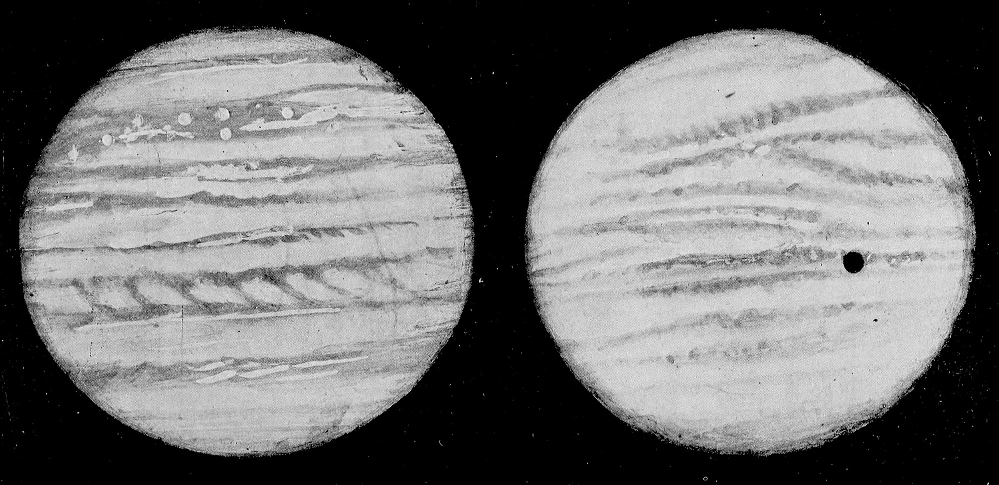 Figs. 37–38.—Telescopic Views of Jupiter, one with the Shadow of a Satellite Crossing the Planet. — Two telescopic drawings of the banded disk of Jupiter. In Figure 37, on the left, the belts are looped and dotted with white spots; in Figure 38, on the right, a satellite's round black shadow lies on the planet.