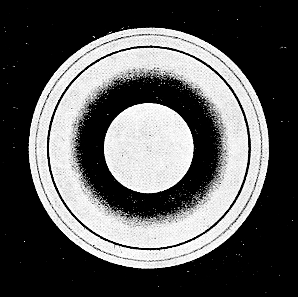 Fig. 39.—Perpendicular View of the Rings of Saturn. — Saturn's globe in the centre, ringed by a dark band where the inner ring shades off into the crape ring, then the broad bright inner ring, the dark line of the Cassini division and the narrower outer ring.