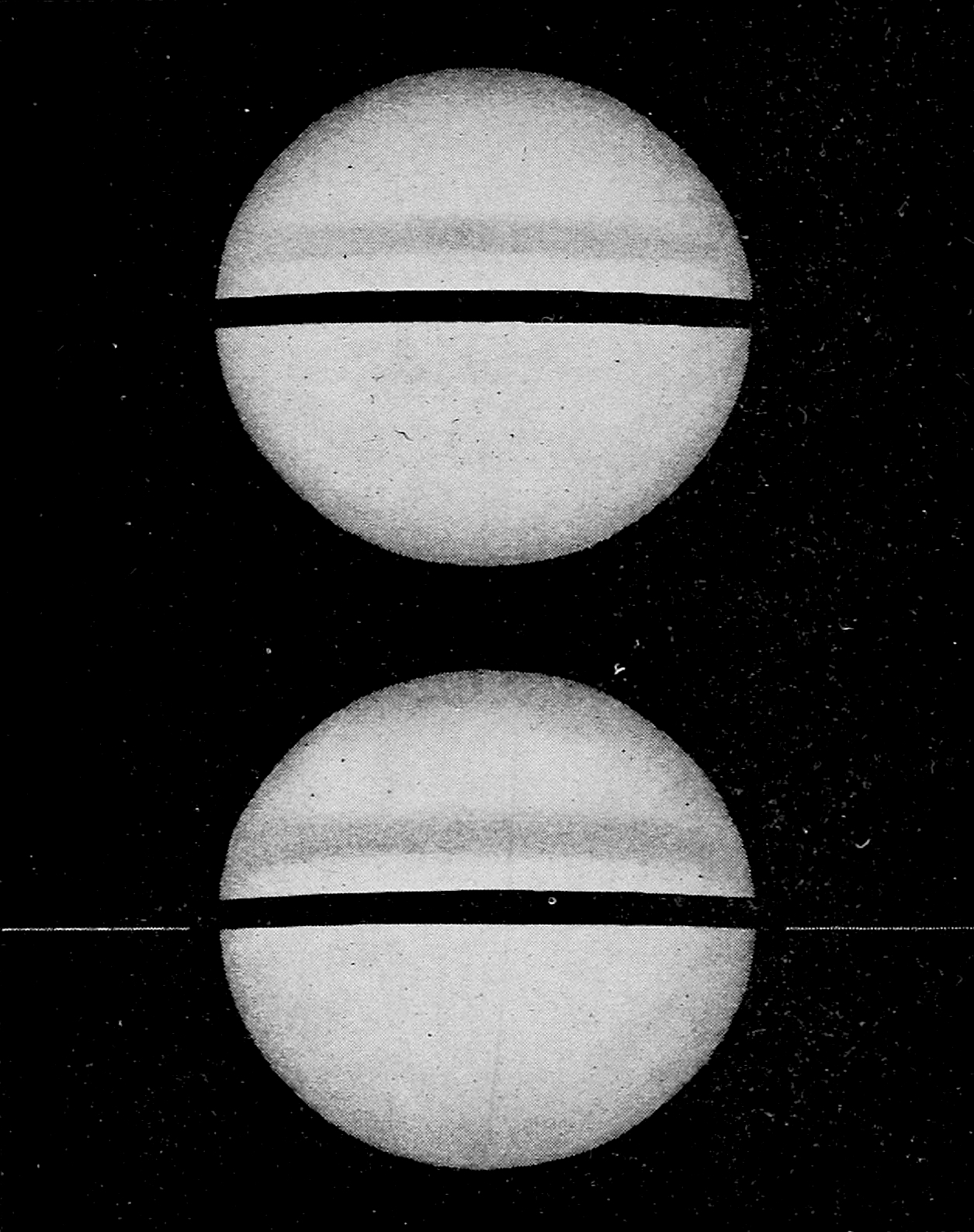 Figs. 41–42.—Disappearance of the Rings of Saturn, according to Barnard, when seen edgewise. — Two drawings of Saturn with the rings edgewise. In Figure 41, above, the rings are invisible and only their dark shadow crosses the globe; in Figure 42, below, a hair-thin line of ring extends on either side.