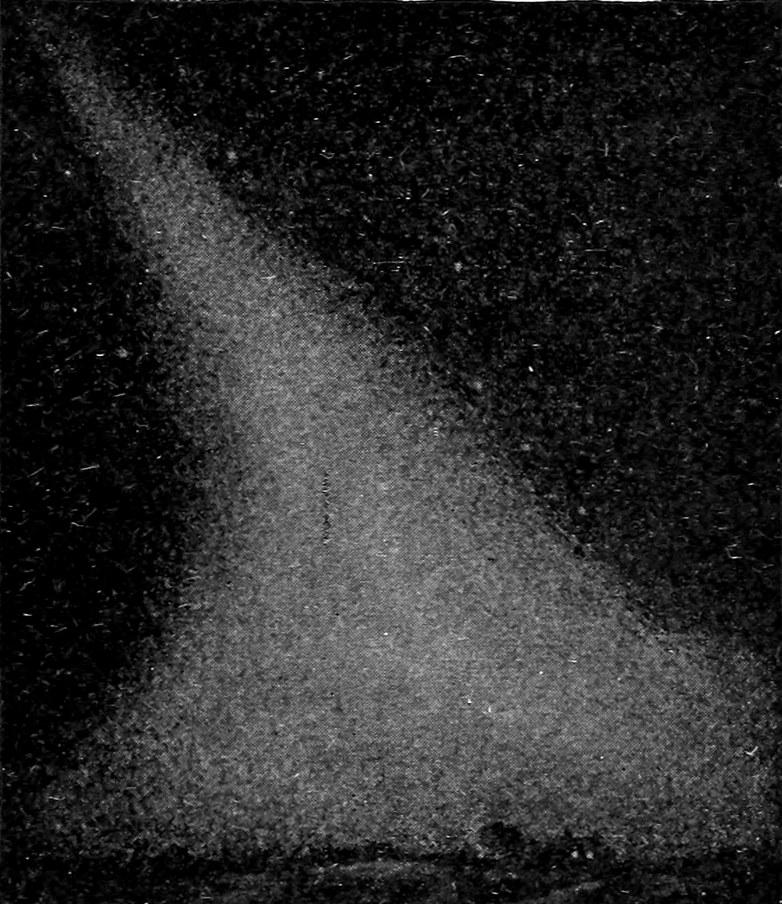 Fig. 49.—The Zodiacal Light in February and March. — A faint wedge of soft light rising slantwise from the dark horizon at the bottom of the picture and narrowing as it climbs toward the upper left.
