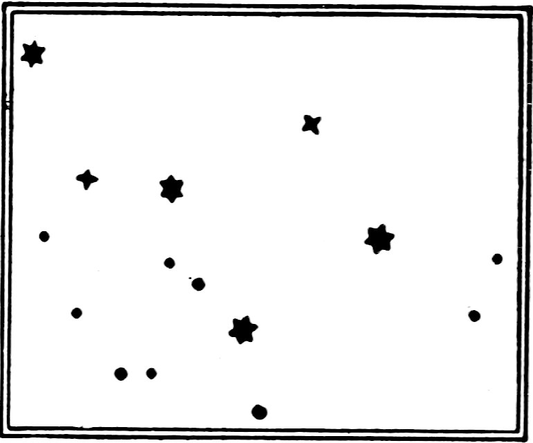 Fig. 52.—Cassiopeia. — The zigzag of bright stars that forms Cassiopeia's crooked chair, drawn as large star shapes, with a scattering of fainter stars shown as dots among them.