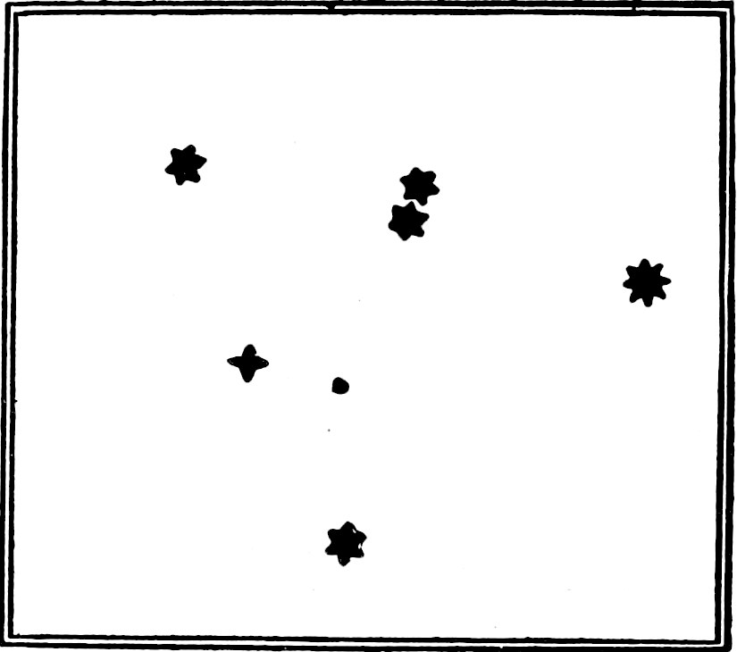 Fig. 54.—The Hyades. — The small group of the Hyades, with the largest star at the right and a close pair of stars in the middle of one branch of the V.