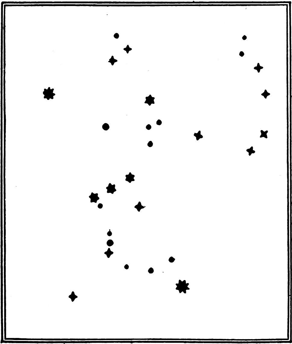 Fig. 57.—Orion. — The figure of Orion: the three stars of the belt in a slanting row across the middle, the sword of three stars hanging below it, Betelguese at the upper left, Rigel at the lower right, and the small triangle of the head above.