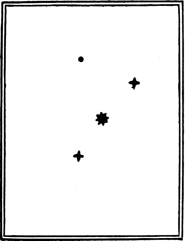 Fig. 59.—Aquila. — Altair, the large star in the middle, set in a line between two smaller stars, one above it to the right and one below to the left, with a fainter star above.