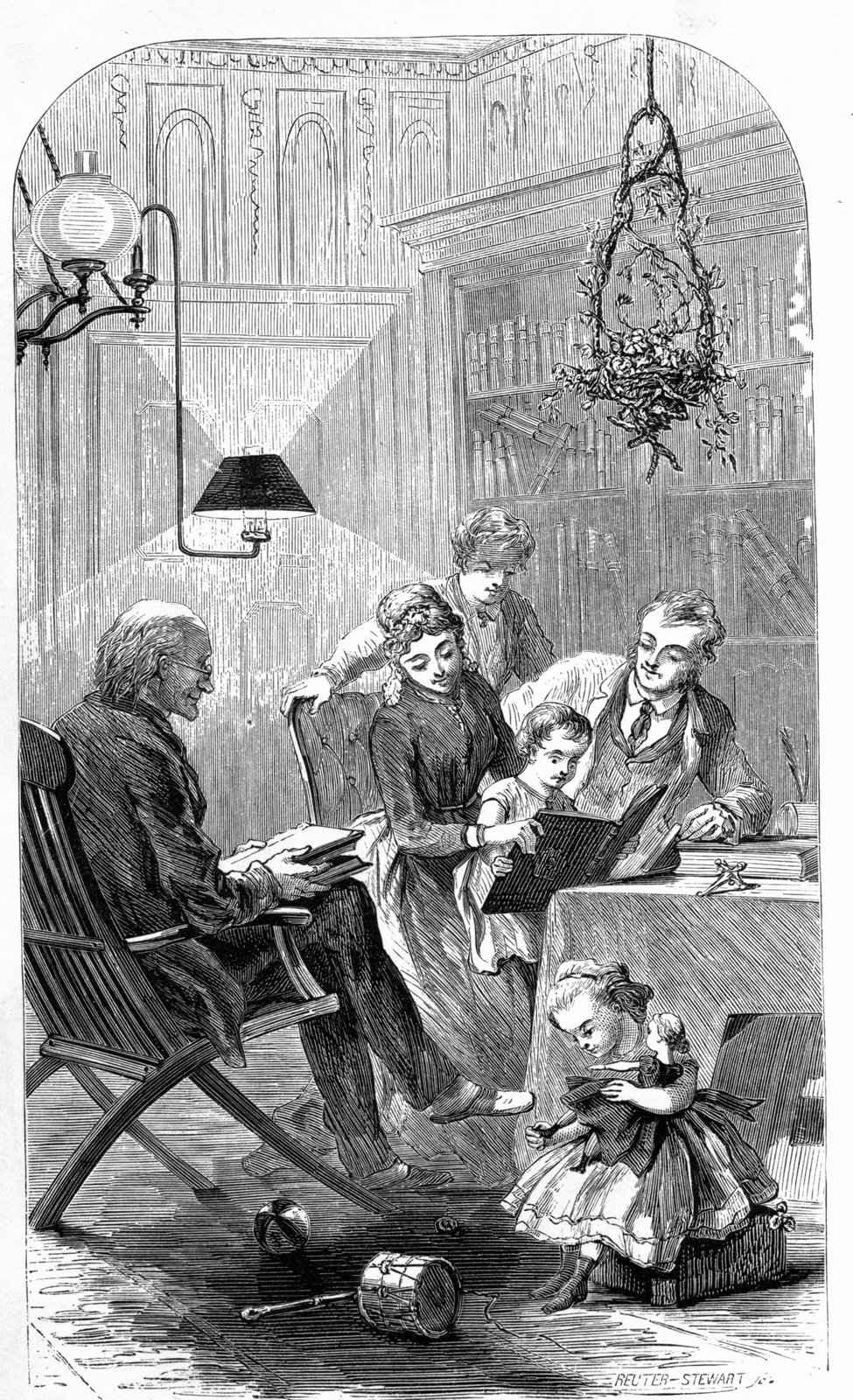 An evening in a family sitting room: an elderly man in a reclining chair holds books while a young couple and a boy show a large album to a small child. A girl hugs a doll.