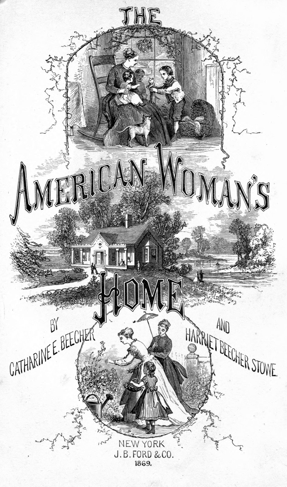 The illustrated title page, with the title and authors lettered between three scenes: a mother in a rocking chair with children and a cat, the cottage by a pond, and a garden.