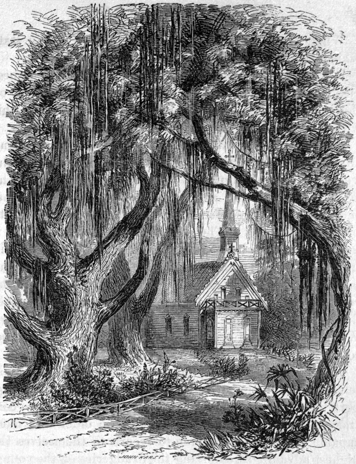 A small wooden church with a spire and cross stands in a clearing, half hidden by large live oaks hung with long trailing moss.