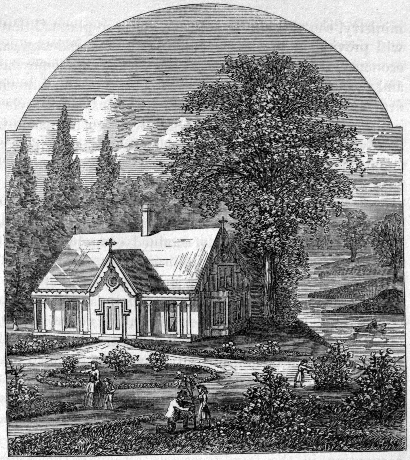 The model cottage seen from the front: a one-story house with a gabled entry, piazzas on either side, and a gabled wing, set among trees beside a lake. Family members tend the garden in front.
