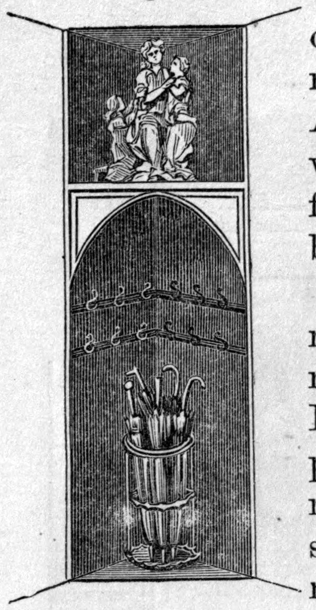 Fig. 2. — An arched recess in the entry, with two rows of coat hooks and a stand of umbrellas and canes below, and a group of statuettes on the shelf formed by the roof of the recess.