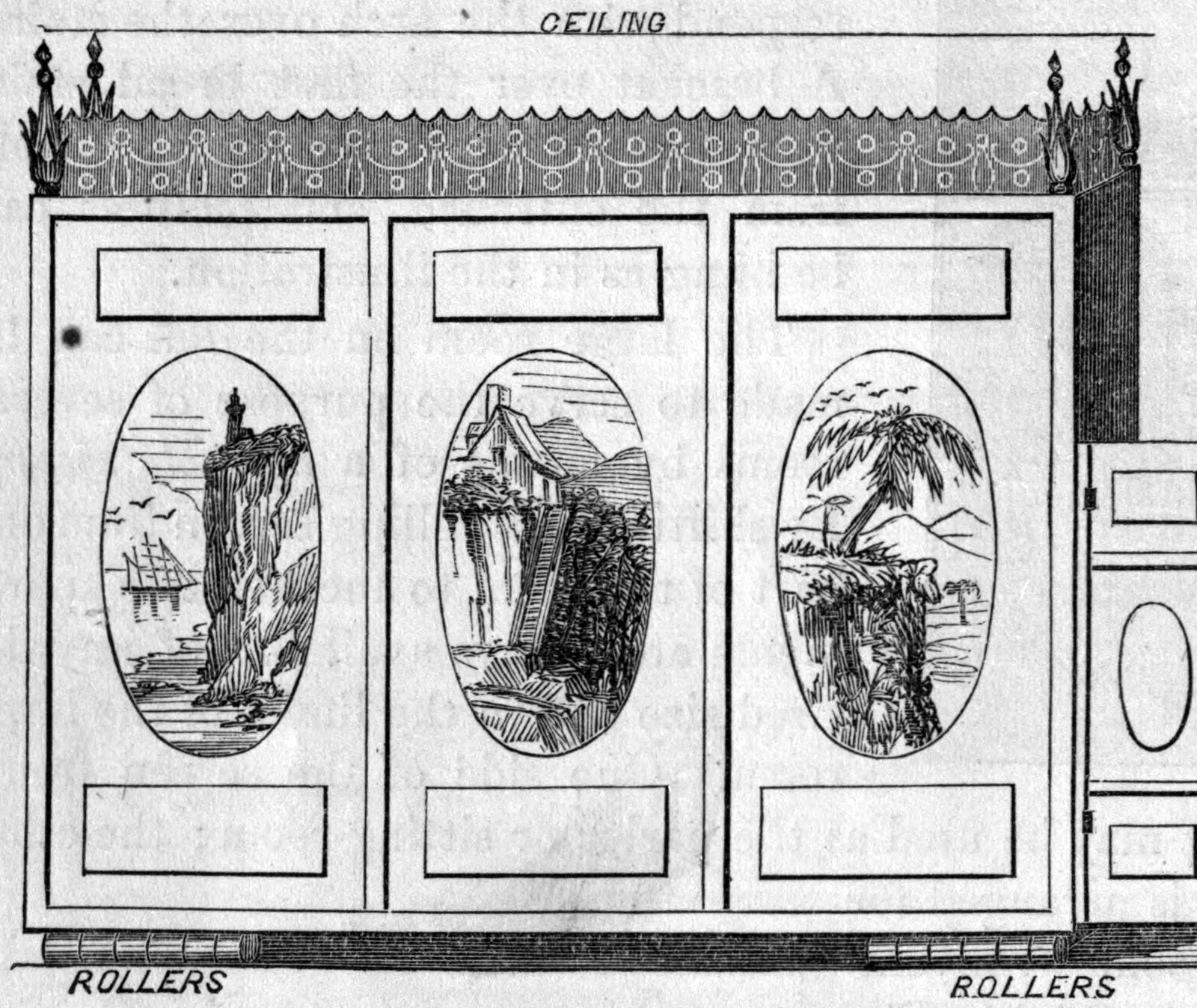 Fig. 4. — The front of the movable screen, three paneled sections under an ornamental cornice, each with an oval landscape: a lighthouse cliff with a ship, a mill by a waterfall, and a palm tree.