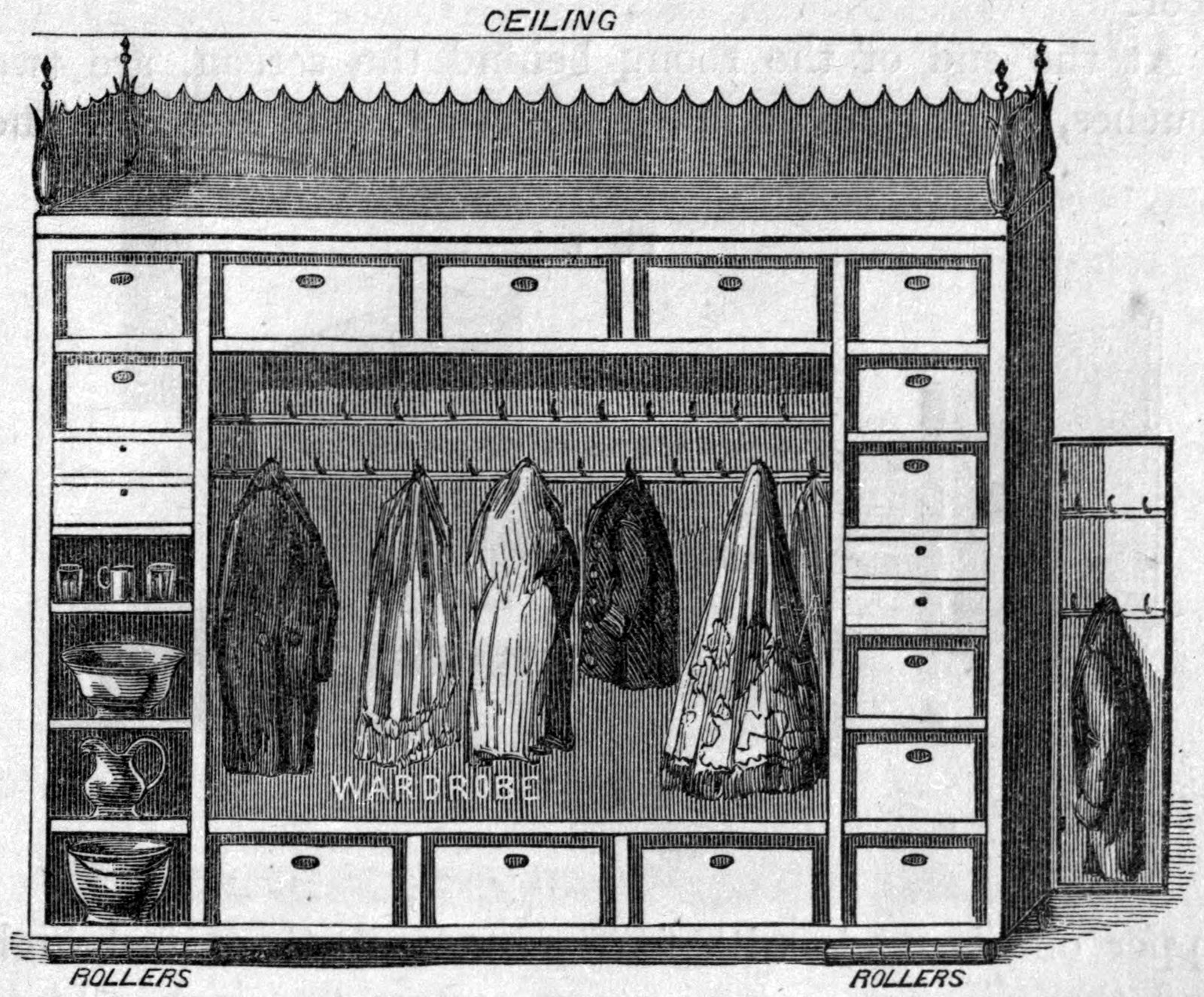 Fig. 5. — The back of the movable screen, facing the bedroom end: a central wardrobe with clothes on hooks, shelf-boxes around it, and open shelves at left holding tumblers, basin and pitcher.