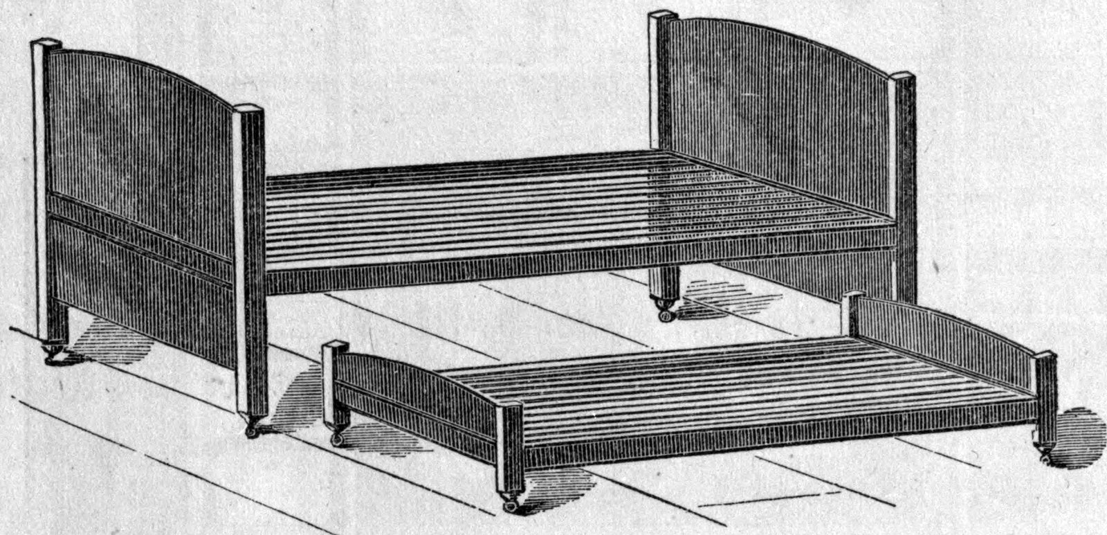 Fig. 7. — The two couches on casters: the taller one with four posts, slatted frame and arched head and foot boards, and the lower one, shown drawn partly out from beneath it.