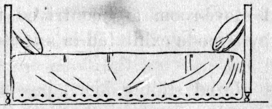 Fig. 10. — The upper couch made up by day, seen from the side: a spread hangs over the frame to a dotted and scalloped edge, with a pillow propped against the post at each end.