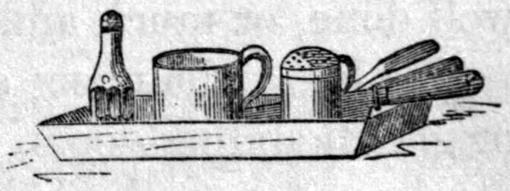Fig. 14. — The small cooking-tray stands ready by the stove, a shallow tray holding a bottle, a mug-shaped container, a dredging-box with a perforated top, and a knife and spoon.