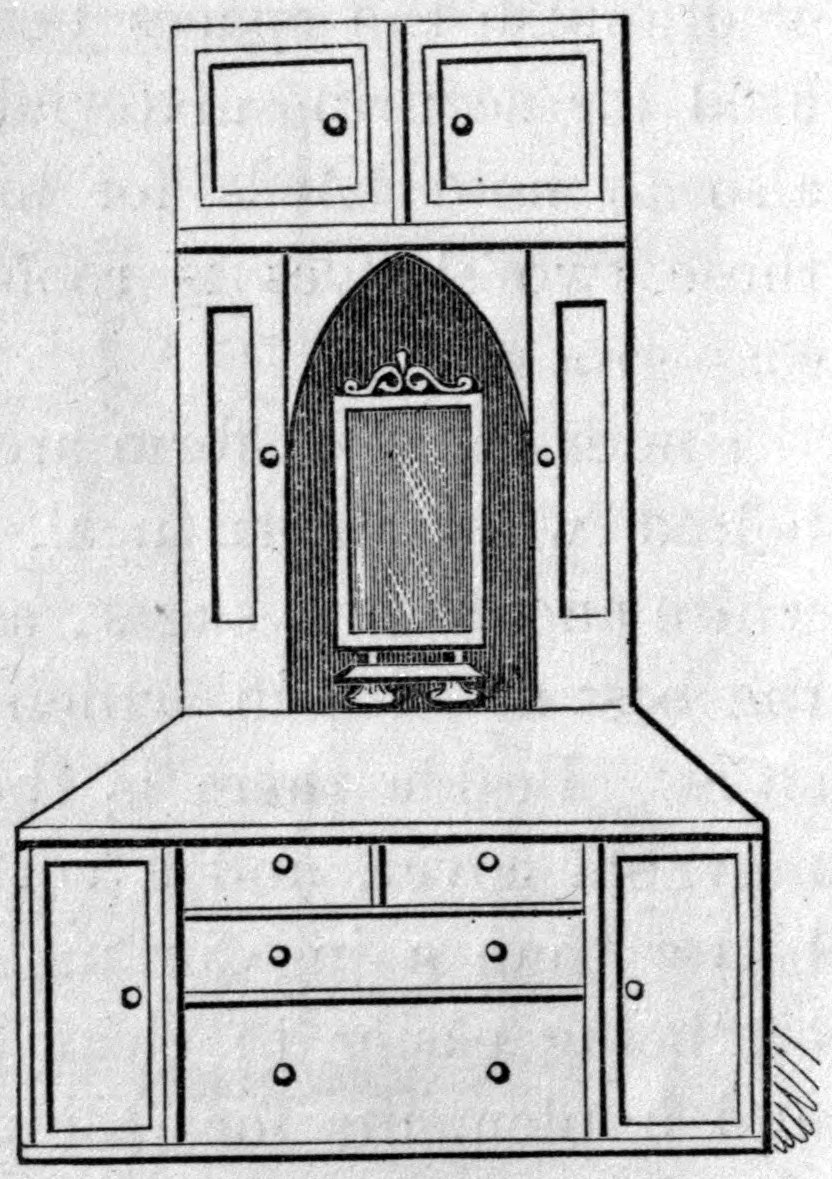Fig. 18. — The corner dressing-table for a bed-chamber: drawers and side cupboards below a broad top, a mirror in an arched recess between two tall closet doors, and a pair of cupboard doors above.