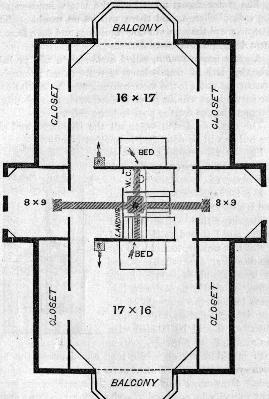 Fig. 17. — Plan of the second or attic story: two large chambers, each with a balcony, two closets and a bed, face each other across a central landing with the stairs and a water-closet, and two small 8 by 9 rooms at the sides.